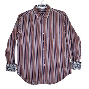 Robert Graham Shirt Mens XL Orange Blue Stripe Long Sleeve Paisley Contrast Cuff